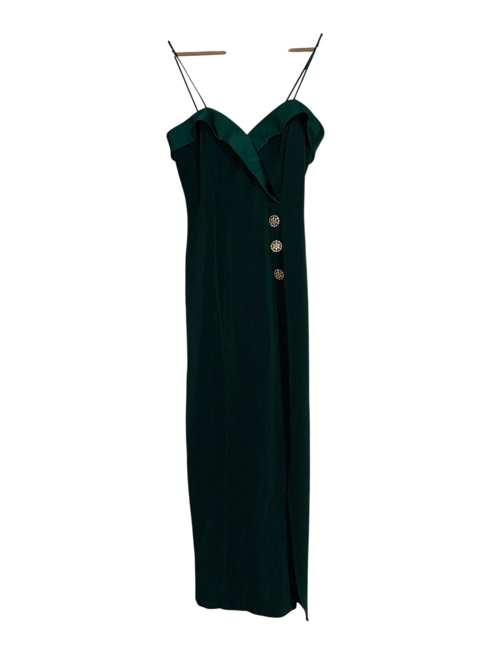 Vintage Deep Green Spaghetti Strap Maxi Dress with Gold Buttons